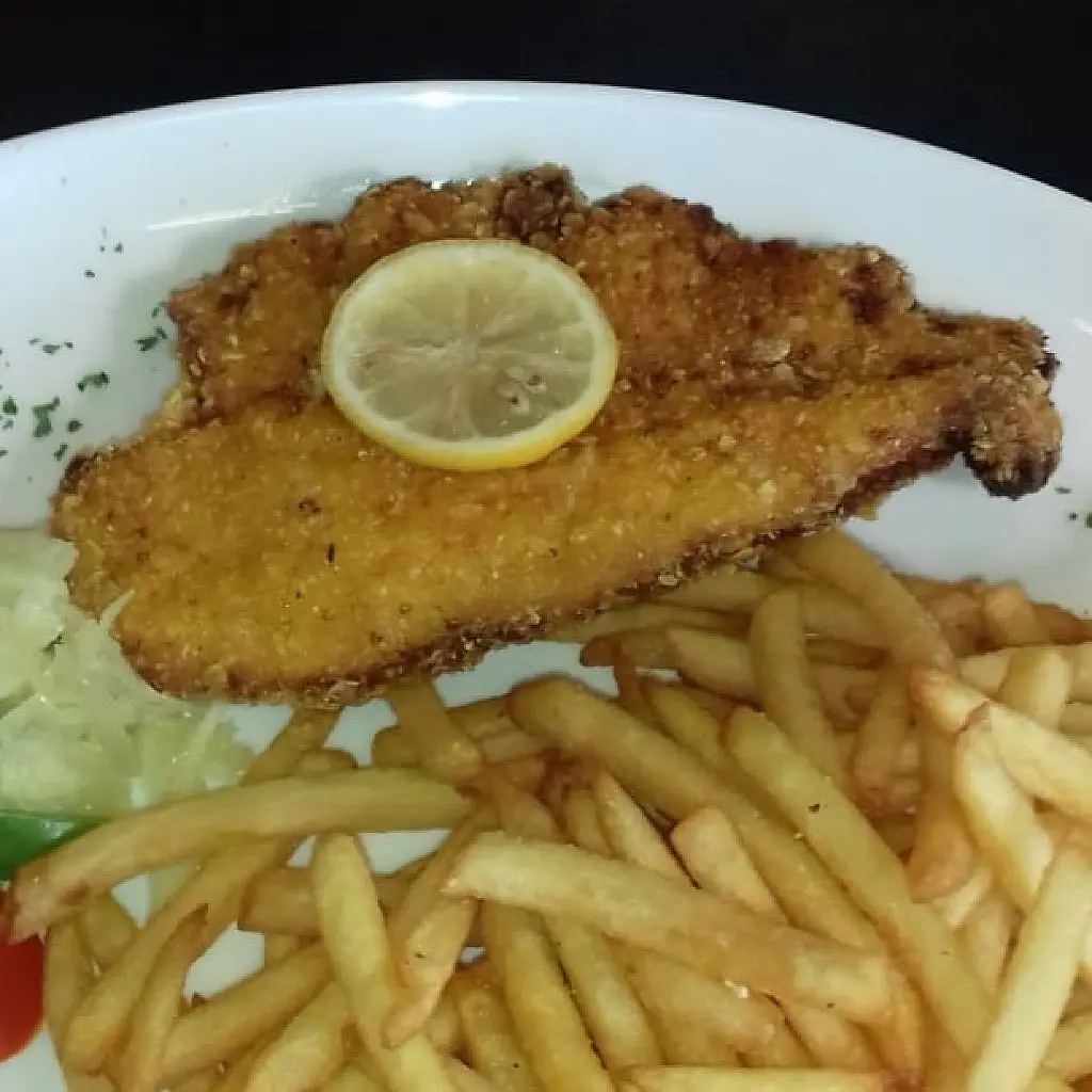 Haehnchenschnitzel, Pommes und Salat