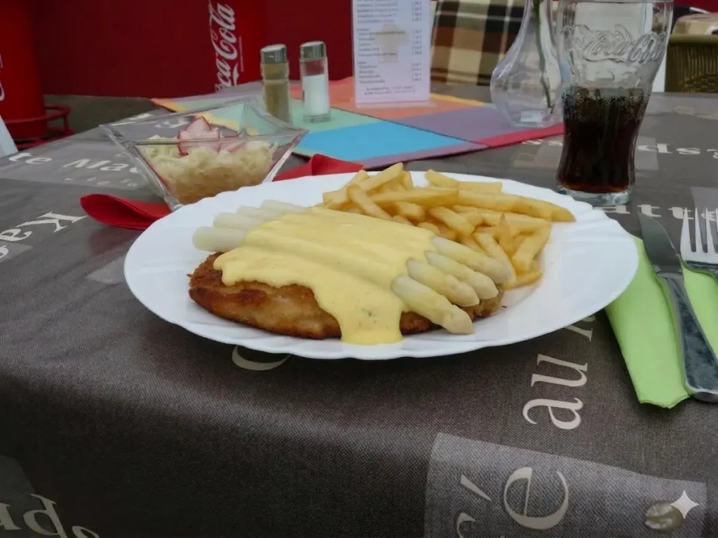 Spargelschnitzel mit Pommes