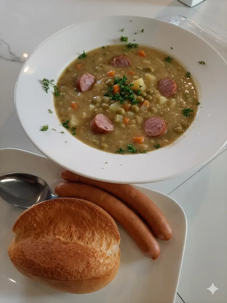 Mittagstisch Donnerstag, 09.07.2026 3 Eine tiefe weiße Schale mit sämiger Erbsensuppe, in der Wurstscheiben, Erbsen und Karottenstücke zu sehen sind, garniert mit Petersilie. Auf einem flachen Teller im Vordergrund liegen zwei ganze Bockwürste, eine goldbraune Semmel und ein Löffel auf einem hellen Untergrund.