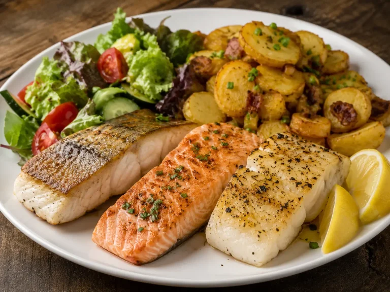 Fisch dreierlei, Lachs, Zander und Kabeljau mit Bratkartoffeln und Blattsalat